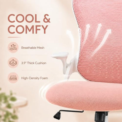 Pink Ergonomic Office Chair, High Back Mesh Desk Chair with Adjustable Headrest Lumbar Support, Computer Chairs with Flip-up Armrests and Thickened Cushion for Adults Home Office, 360° Swivel - color: Pink With Headrest