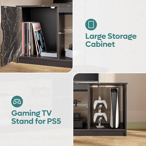 Bestier 57" LED Gaming TV Stand, RGB Light, Black Marble | Fits 55-65" TVs, PS5/Xbox Storage, Adjustable Glass Shelves, Modern Black Marble Finish For Living Room - color: Black Marble