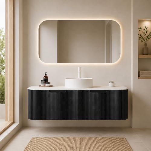 48" Floating Bathroom Vanity with Sink, Wall Mounted Plywood Cabinet, Black Fluted Front, Sintered Stone Countertop, White Round Ceramic Vessel Sink, Soft-Close Drawer, Pre-Assembled - color: Black Cabinet / White Sink, size: 48 Inch