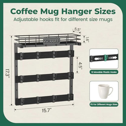 EsLuker.ly Coffee Mug Holder Cup Hanger Wall Mounted Display Rack | Metal Organizer with 12 Movable Plastic Hooks, Wood Rustic Shelf for Coffee Bar Home Kitchen, Thoughtful Wall Storage, Black - style: 12 Movable Hooks Black Style