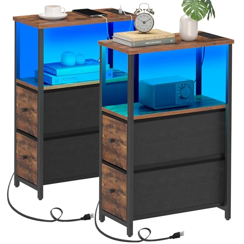 TUTOTAK Narrow LED End Table with Charging Station, Skinny Side Table | Bedside Table with Outlets, Nightstand with 2 Cloth Drawers, Couch Table for Living Room, Bedroom, Brown TB01BB056 - color: Brown, style: 2 Drawers with Plug & Light