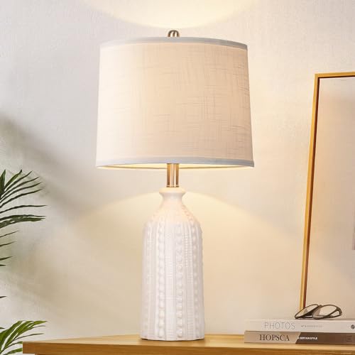 JUNNAI White Ceramic Table Lamp 24.5": 3-Way Dimmable Bedside Lamp with White Drum Slub Shade, Modern Nightstand Lamp for Bedroom & Living Room (Bulb Included) - color: White
