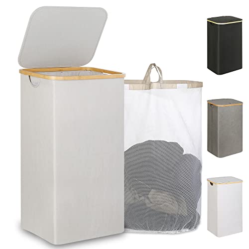 IEGrow Laundry Hamper with Lid,110L Laundry Basket with Mesh Bag,Light Grey | Dirty Clothes Hamper Basket with Bamboo Handle for Clothes Towels - color: Light Grey, size: 110L