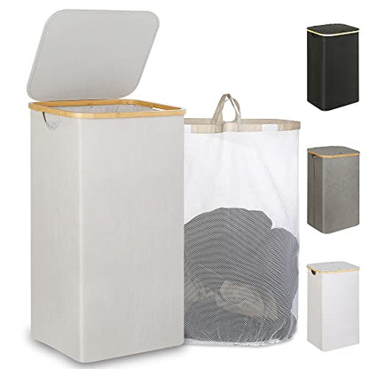 IEGrow Laundry Hamper with Lid,110L Laundry Basket with Mesh Bag,Light Grey | Dirty Clothes Hamper Basket with Bamboo Handle for Clothes Towels - color: Light Grey, size: 110L