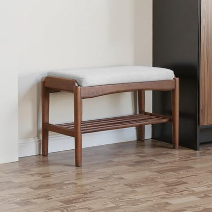Black Walnut Shoe Bench Assembled, Solid Wood Shoe Rack Bench with Cushion for Entryway, Living Room, Bedroom, Hallway, 11.8" x 31.5" x 16.5" - color: Grey Cushion, size: 31.5"W