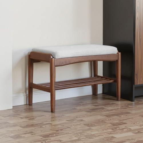 Black Walnut Shoe Bench Assembled, Solid Wood Shoe Rack Bench with Cushion for Entryway, Living Room, Bedroom, Hallway, 11.8" x 31.5" x 16.5" - color: Grey Cushion, size: 31.5"W
