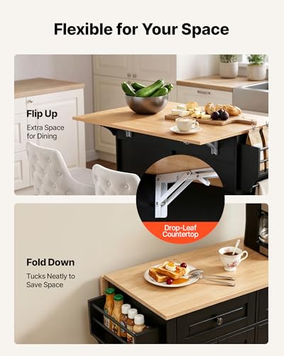 VEVOR Kitchen Island Cart with Storage, 43.58 in Wide Mobile Rolling Storage Island on Swivel Wheels, with 2 Drawers, Storage Cabinet, Drop Leaf, Spice/Towel Rack, Table for Home Dining Room, Black | Home Dining Meal Prep Station With Spice Towel Rack Hoo