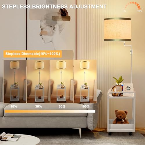 Lightdot 63IN Floor Lamps with Table&Basket, Modern Standing Tall Lamps with Adjustable Fabric Shade and Movable Casters, End Table Lamp for Living Room/Sofa Beside/Corner Decor-White(Bulb Included) - color: 2 Layer-White