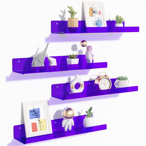 upsimples 4 Pcs 15" Acrylic Shelves for Wall Decor and Display, Purple | Cute Floating Shelf for Perfume, Skincare, Nail Polish, Wall Organizer for Bedroom, Living Room, Playroom, Room Décor - color: Purple