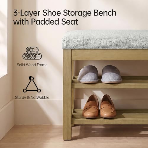 VKNOW 44.3” Entryway Bench, 2-Tier Upholstered Shoe Storage Bench, Beige | Shoe Bench with Rubberwood Legs, Shoe Rack for Entryway, Hallway, End of Bed, Living Room - color: Beige1