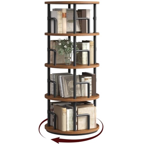 MAHANCRIS Rotating Bookshelf, 4-Tier Book Shelf, 360° Spinning Bookcase, Freestanding Storage Shelf with Guardrails, for Small Space, Living Room, Bedroom, Home Office, Rustic Brown and Black BKHR4401 - color: Rustic Brown, Black, size: 4-Tier