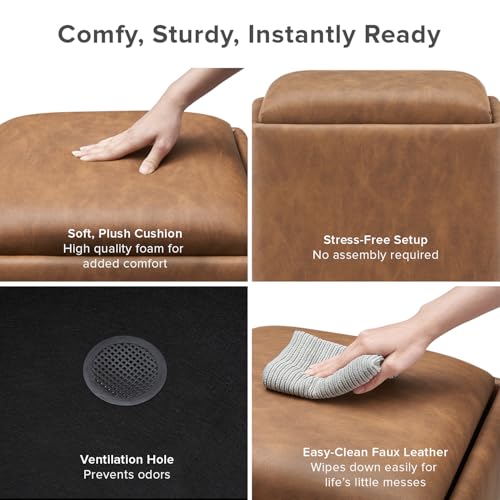mopio Levi Storage Bench with Reversible Tray, Modern Storage Coffee Table, Bedroom Bench, Rectangular Cube Upholstered Coffee Table Ottoman for Living Room, Bedroom (Faux Leather, Pecan Brown) - color: Brown Pu Leather, Rect.