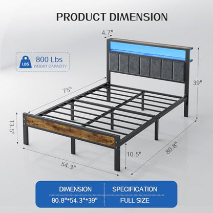 Liians Full Size Bed Frame with LED Lights, Charging Station | Platform Bed with Grey Upholstered Headboard, 2-Tier Storage Shelf, Noise Free, No Box Spring Needed - size: Full