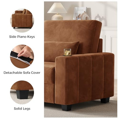 COPIAE Loveseat Sofa, Larger Couch Velvet Fabric with Storage, Charging Ports, Heightened Backrests, Removable Cover Modern Comfy Couches Easy Assembly for Living Room, 88 Inch Brown - color: Brown