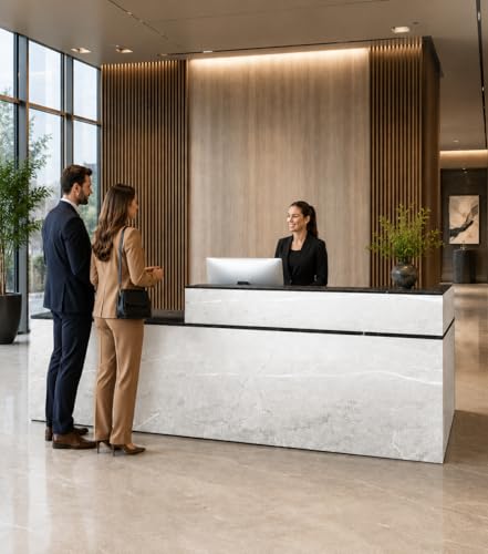 79" L-Shaped Reception Desk with Counter, Front Desk with Lockable Drawer, Keyboard Tray & Cable Grommet for Office, Salon, Lobby, Checkout (Gray & Black, Left) - color: Gray & Black, size: 79 inch, style: Left