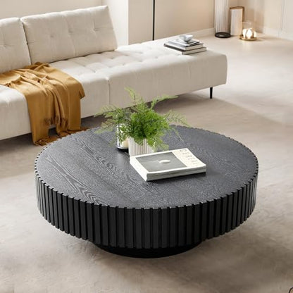 Round Fluted Drum Coffee Table with Pedestal Base | 31.5'' Modern Black Wooden Drum Center Table, Handcrafted Solid Wood Fluted Edge, For Living Room & Apartment - color: Round Black