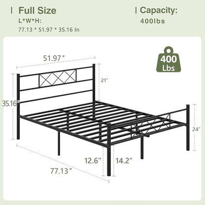VECELO Full Size Bed Frame with Headboard, Heavy Duty Bedframe with Strong Metal Slats, No Box Spring Needed & Easy Assembly, Matte Black - color: Matte Black, size: Full