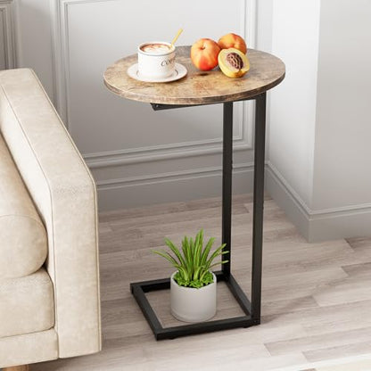 C Shaped End Table,Oval Couch Sofa Side Table for Bed Slide Under Couch, Wood Small Round Snack Table with Metal Frame, TV Tray Table for Small Space, Living Room,Easy Assembly(Brown) - color: Oak Brown+black