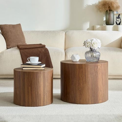 Nesting Coffee Table Set of 2, Modern Round Coffee Table Drum Side Table, Wooden Circle Accent Tables End Tables for Small Spaces Living Room Bedroom Office (Walnut) - color: 18.9" & 14.96" Walnut With Wood Veneer