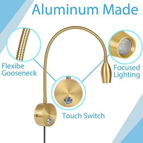 Adust Bedside Reading Light, Bedroom Reading Lamp, 3W LED Touch Dimmable Brightness Minimalist Wall Headboard Reading Lamp, Adjustable Colour Temperature, 3000k, 4000k, 6000k (Gold (2-Pack)) - size: Gold (2-Pack)