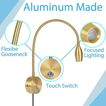 Adust Bedside Reading Light, Bedroom Reading Lamp, 3W LED Touch Dimmable Brightness Minimalist Wall Headboard Reading Lamp, Adjustable Colour Temperature, 3000k, 4000k, 6000k (Gold (2-Pack)) - size: Gold (2-Pack)