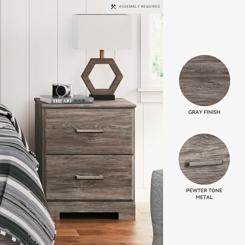 Signature Design by Ashley 2-Drawer Nightstand, Gray, Ralinksi | Rustic warm gray replicated oak grain finish, Antiqued pewter-tone handles, 40 lb engineered wood storage for guest rooms - color: Grayish Brown, style: Night Stand