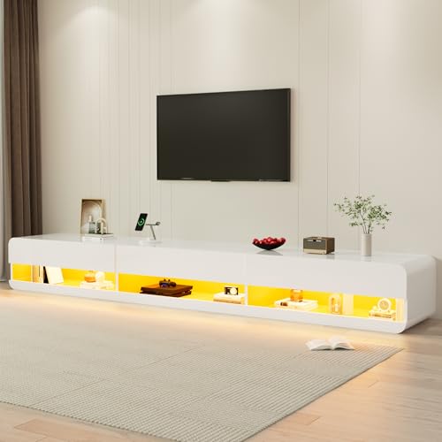 St.Mandyu Floating LED TV Stand for TVs Up to 100 inch, 94.5 inch Modern Entertainment Center with Led Lights & Power Outlet, Wall Mounted Hanging Media Console for Living Room, White - color: White