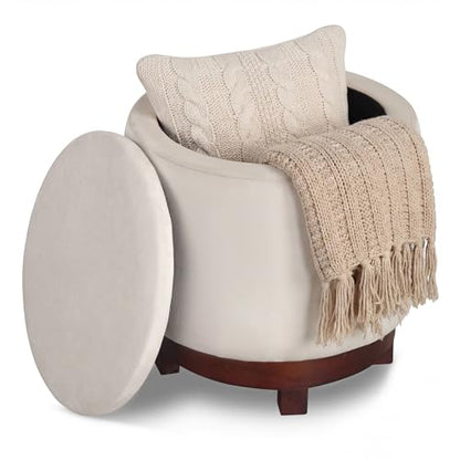GIANTEX Round Ottoman with Storage, 360° Swivel Velvet Vanity Stool with Removable Lid, Wood Frame & Legs, Ottoman Foot Rest for Living Room, Bedroom, Makeup Room No Assembly (White & Walnut) - color: White & Walnut