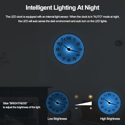 JoFomp Lighted Wall Clocks Battery Operated, 10 Inch Wall Clock for Bedroom Night Glow, Night Light Wall Clock Silent, Glow in The Dark Wall Clocks for Living Room Decor, Light Sensor - Auto Lighting - size: 10 Inch