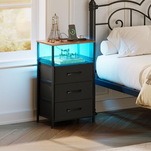 JARHETUN Night Stand Set 2 with Charging Station, 3 Drawer Nightstands with LED Lights, End Table with Outlets and USB Ports, Side Table with Open Shelf, Bedside Tables for Bedroom, Rustic Brown - color: Rustic Brown, style: Power & LED