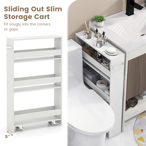 MAT EXPERT Slim Rolling Storage Cart, 4-Tier Freestanding Slim Storage Cart with Wheels 360 Degree & Metal Handle, Wooden Utility Cart for Narrow Kitchen, Laundry Room, Bathroom (Plain White) - color: Plain White