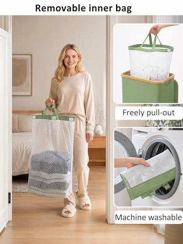 IEGrow Laundry Hamper with Lid,110L Laundry Basket with Mesh Bags,Green | Dirty Clothes Hamper Basket with Bamboo Handle for Clothes Towels - color: Green, size: 110L