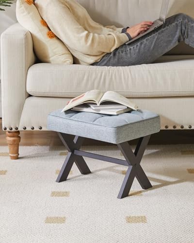 IBUYKE Small 12" H Footrest, Square Linen Step Stool, Blue Gray WBD011L | Foot Stool Metal X-Leg Multi-Use Small Side Table Living Room Bedroom Entryway Office - color: Blue Grey, size: 12.2"-Linen