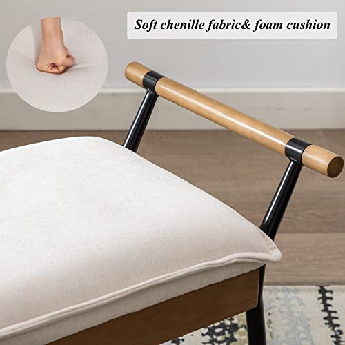 DUOMAY Modern Chenille Ottoman Bench with Arms & Metal Legs, White | Mid Century Rectangle Bench Footstool Dining Bench Entryway Shoe Bench For Bedroom Living Room - color: White