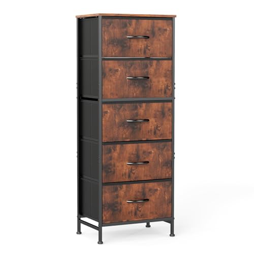DUMOS Nightstand with 5 Drawers, Bedside Table with Removable Fabric Bins, Sturdy Steel Frame Wood Top Skinny Dresser for Bedroom Closet Living Room, Brown - color: Brown, size: 15.7"D x 11.8"W x 47.7"H (5 Drawers)