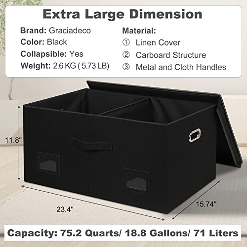 Graciadeco 75 Quarts Extra Large Decorative Storage Bins with Lids, 3 Packs Black Collapsible Storage Bins with Lids, Stackable Storage Bins Decorative Box Storage With Lid Extra Large | 75 Quarts 3 Pack Black Collapsible Stackable Linen Fabric 4 Handles