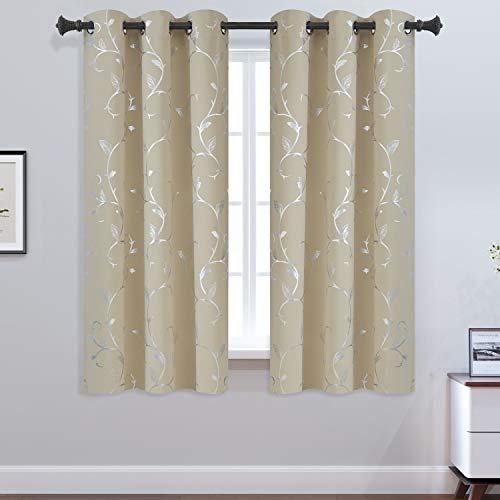 BUHUA Small Window Blackout Curtains Bedroom Darkening Curtain Pairs Silver Floral Print Blackout Curtains for Kitchen 38W×54L Beige2 Panels - color: Beige, size: 38"W x 54"L (Pack of 2)