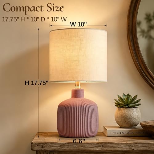 Ceramic Table Lamp, 17.75" Rustic Farmhouse Bedside Lamp with Beige Linen Shade, Warm Ambient Nightstand Lighting for Bedroom or Living Room, Painted Terra - color: Terracotta