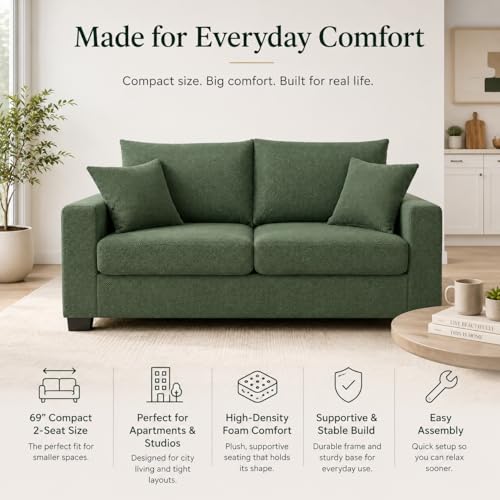 Dark Green 69'' Modern Loveseat Sofa | Upholstered 2-Seater Sofa for Living Room, Mid-Century Modern Love Seats with 2 Pillows, Deep Seat for Office Apartment - color: Dark Green
