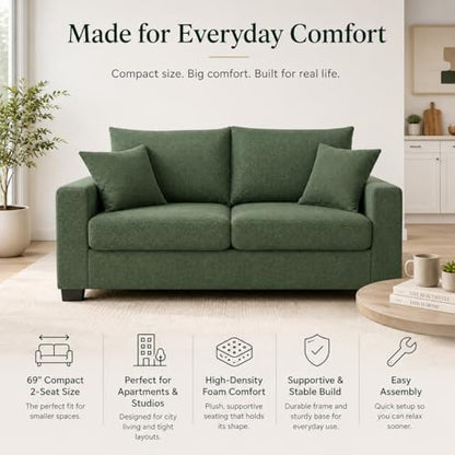 Dark Green 69'' Modern Loveseat Sofa | Upholstered 2-Seater Sofa for Living Room, Mid-Century Modern Love Seats with 2 Pillows, Deep Seat for Office Apartment - color: Dark Green