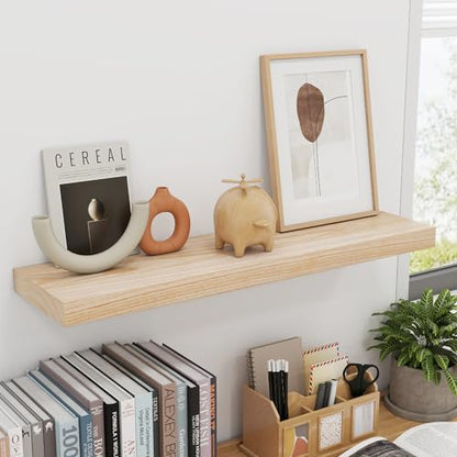 fuqing 30 Inch Floating Shelves 6.7'' Deep Natural Wood Shelves Set of 2 | 30'' x 6.7'' x 1.4'' Natural Wood Shelves for Bathroom Living Room, 40LBS, Lightweight, Hardware Included, Waterproof Finish - color: Natural, size: 30 Inch