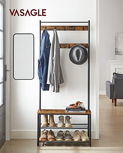 VASAGLE Coat Rack, Hall Tree with Shoe Storage Bench, Entryway Bench with Shoe Storage, 3-in-1, Steel Frame, for Entryway, 12.6 x 27.6 x 68.9 Inches, Industrial, Rustic Brown and Black UHSR41BX - color: Rustic Brown + Black, size: 27.6"W