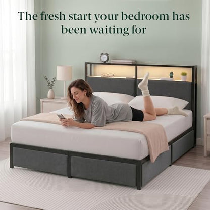 Zinus Michael Upholstered Platform Bed Frame, Four Underbed Drawers, Queen | Space-Saving Two-Tier Headboard Storage, Mood Setting RGB LED Lights, Built-in USB Charging Station, Ambient Night Light - size: Queen