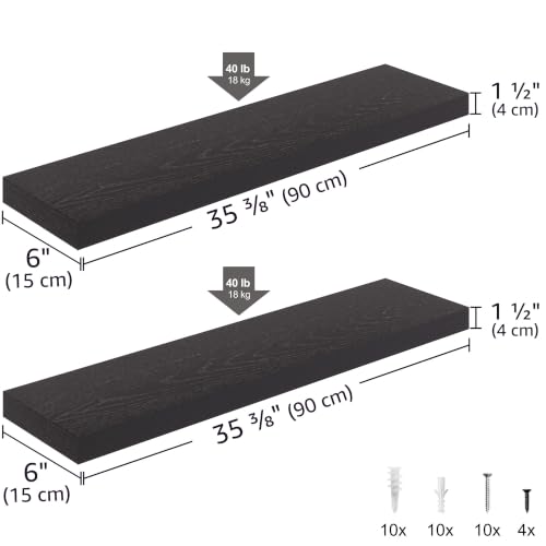 Ballucci Floating Shelves, 36" Wood Wall Shelf Set of 2, with Invisible Brackets for Bathroom, Living Room, Bedroom, Kitchen, Nursery, 6" Deep, Black - color: Black, size: 35.4 inches