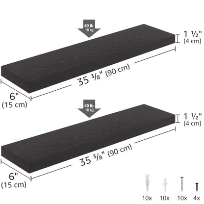 Ballucci Floating Shelves, 36" Wood Wall Shelf Set of 2, with Invisible Brackets for Bathroom, Living Room, Bedroom, Kitchen, Nursery, 6" Deep, Black - color: Black, size: 35.4 inches