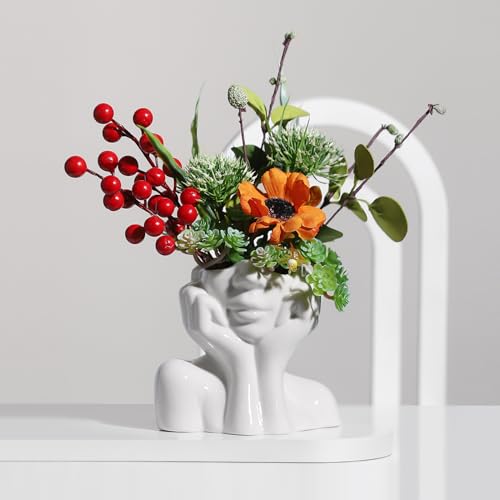 BrownLove Ceramic Face Vase White Flower Vase for Decor Female Form Face Vase Art Vase Modern Decorative Vase Centerpiece for Table Shelf Living Room Office Bedroom Small - style: Face Vase - Hands on Cheeks