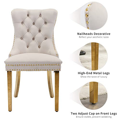 Beige Velvet Dining Chairs Set of 4, Tufted Kitchen & Dining Room Chairs | Four Fabric Dinning Chairs, Velvet Upholstered, Wing Back, Metal Pull Ring, Gold Legs, Wood Frame, Mid Century Modern - color: A-4 Beige Velvet, Gold Legs, size: 4
