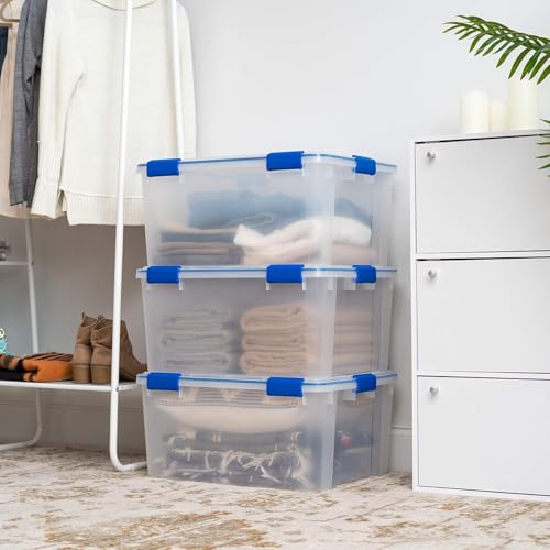 IRIS USA 3-Pack 60 Qt Storage Bins with Gasket Lids, Clear/Blue | WeatherPro seal helps protect bulky items for moving, garage, attic and basement storage - size: 60 Qt. - 3 Pack