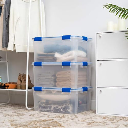IRIS USA 3-Pack 60 Qt Storage Bins with Gasket Lids, Clear/Blue | WeatherPro seal helps protect bulky items for moving, garage, attic and basement storage - size: 60 Qt. - 3 Pack