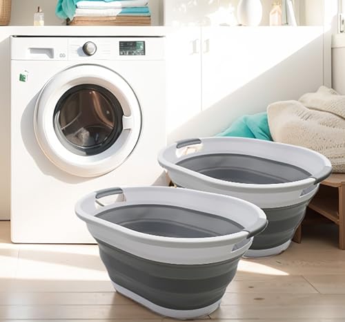 SAMMART 32L (8.4 Gallon) Collapsible Plastic Laundry Basket - Foldable Pop Up Storage Container/Organizer - Portable Washing Tub - Space Saving Hamper/Basket, Water Capacity: 24L (2, White/Grey) - color: White/Grey